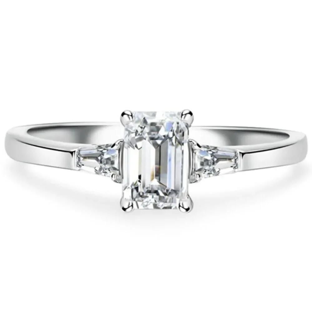 Sterling Silver Ring 18K White Gold Plated Cubic Zirconia Baguette Size 6.25 925
